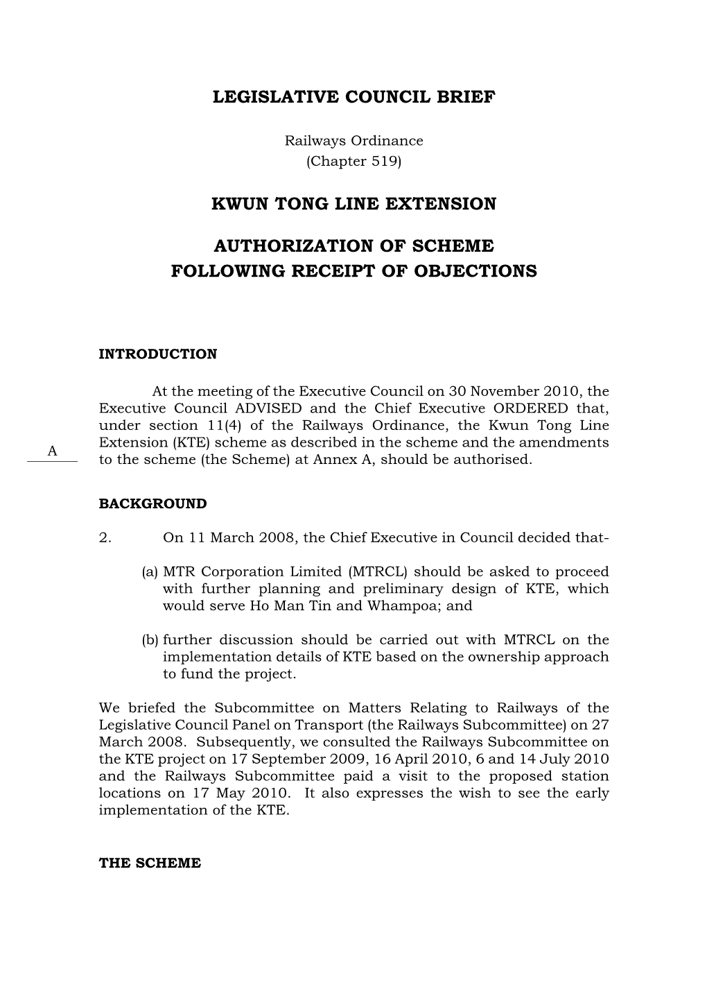 Kwun Tong Line Extension Authorization of Scheme Following Receipt Of