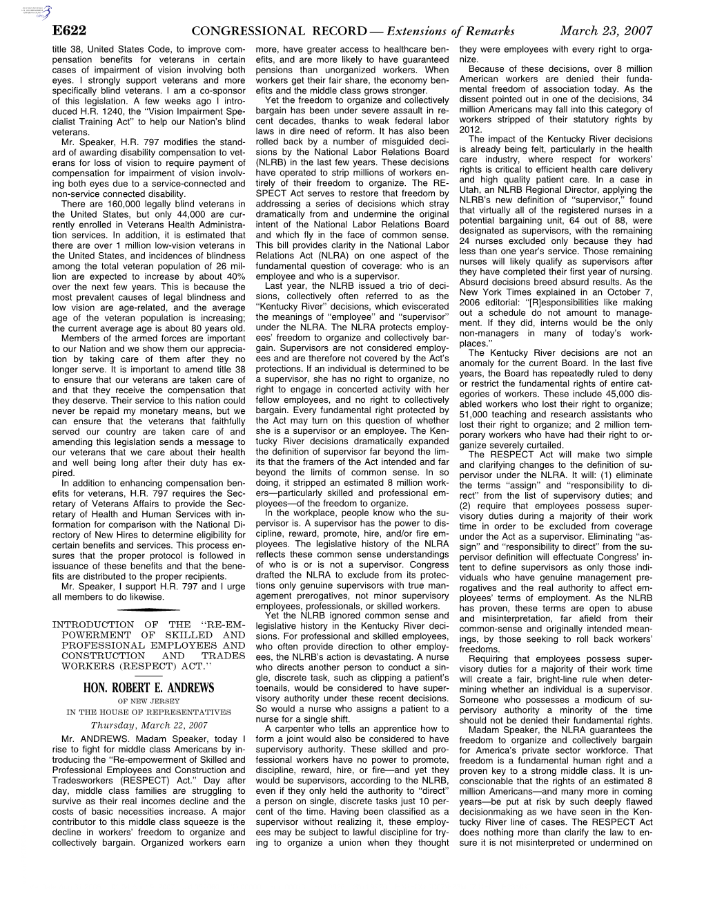 Extensions of Remarks E622 HON. ROBERT E. ANDREWS