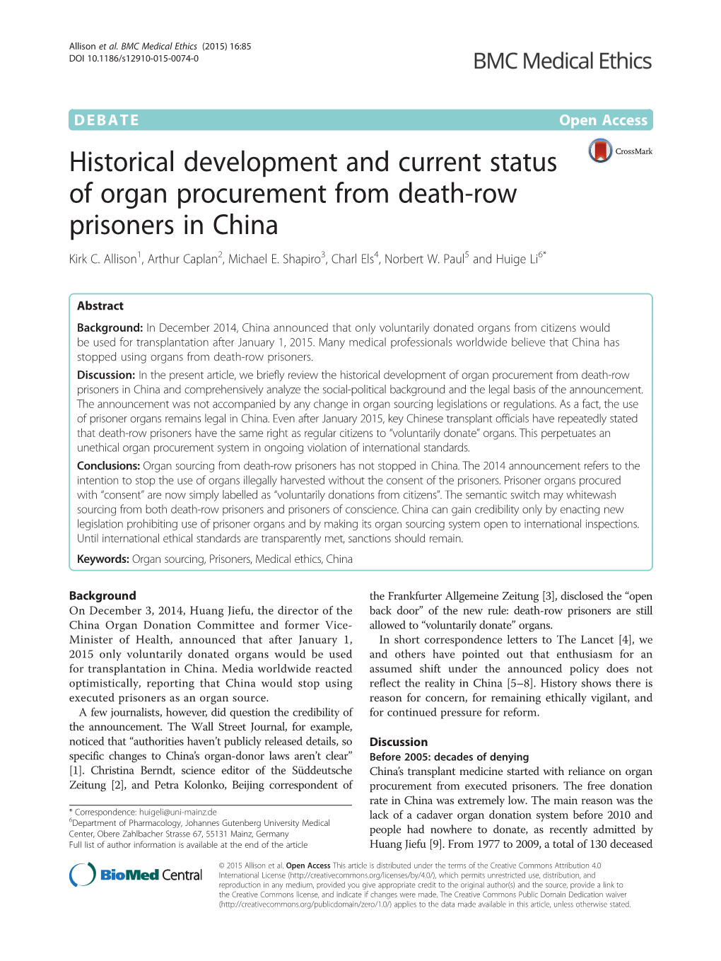 Historical Development and Current Status of Organ Procurement from Death-Row Prisoners in China Kirk C