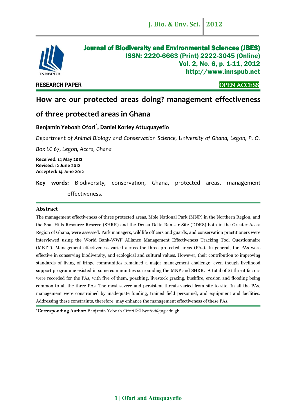 How Are Our Protected Areas Doing? Management Effectiveness of Three Protected Areas in Ghana
