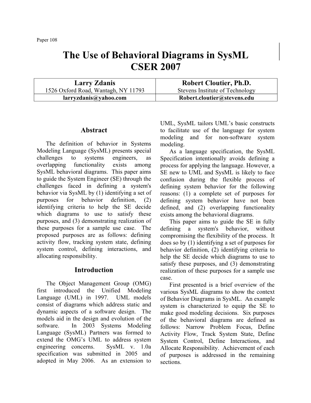 The Use of Behavioral Diagrams in Sysml CSER 2007