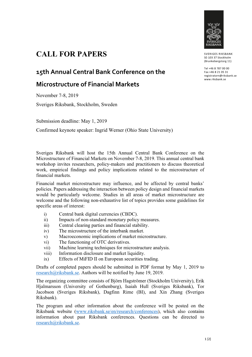 Call for Papers 15Th Annual Central Bank Conference on The