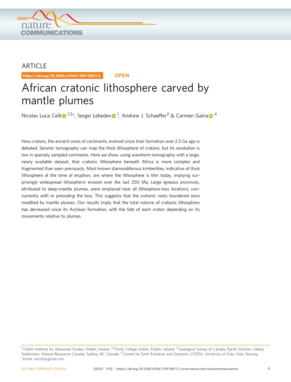 African Cratonic Lithosphere Carved by Mantle Plumes