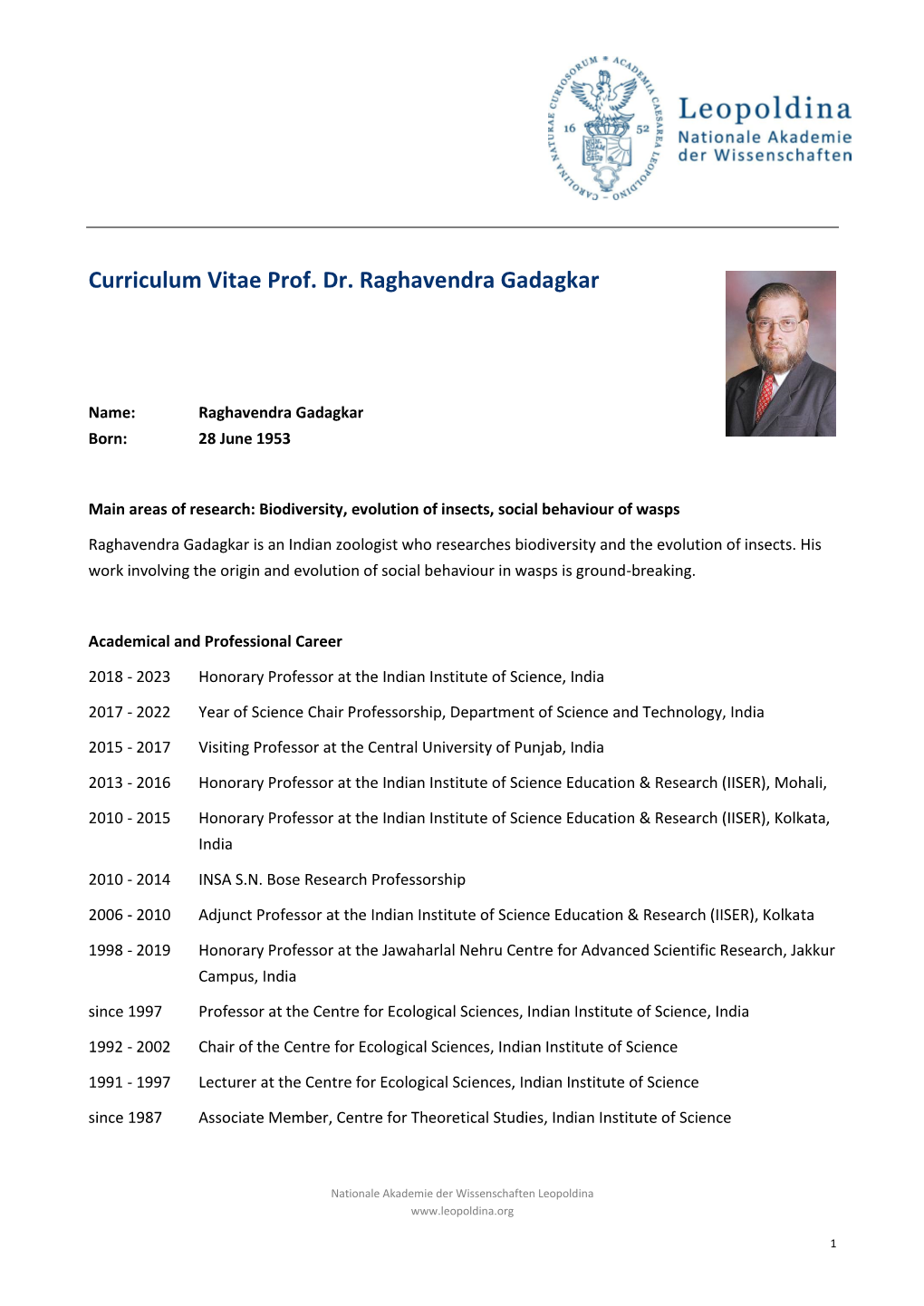 Curriculum Vitae Prof. Dr. Raghavendra Gadagkar