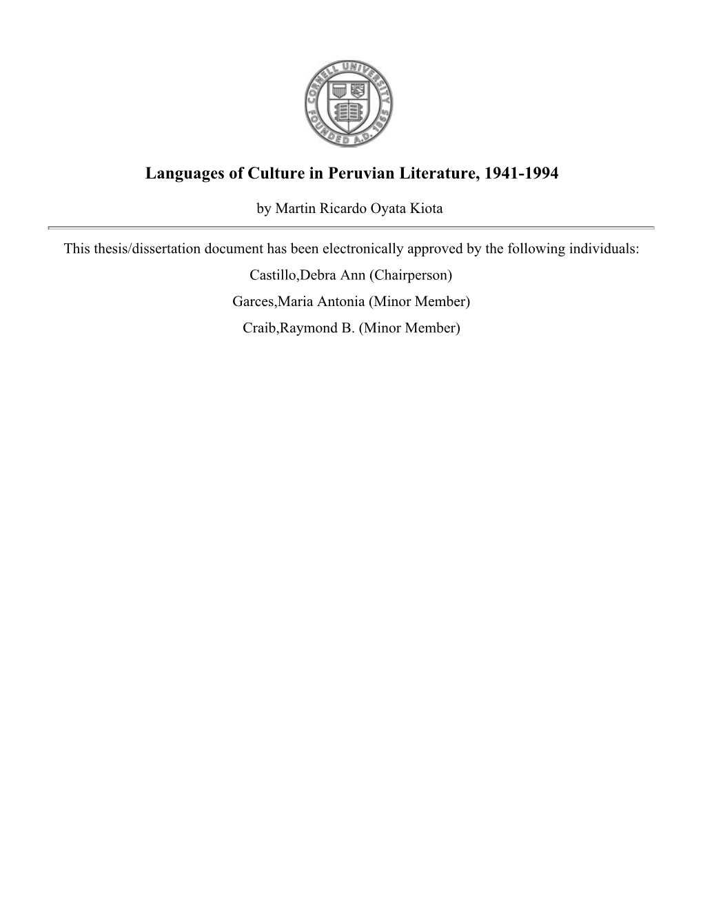 Languages of Culture in Peruvian Literature, 1941-1994