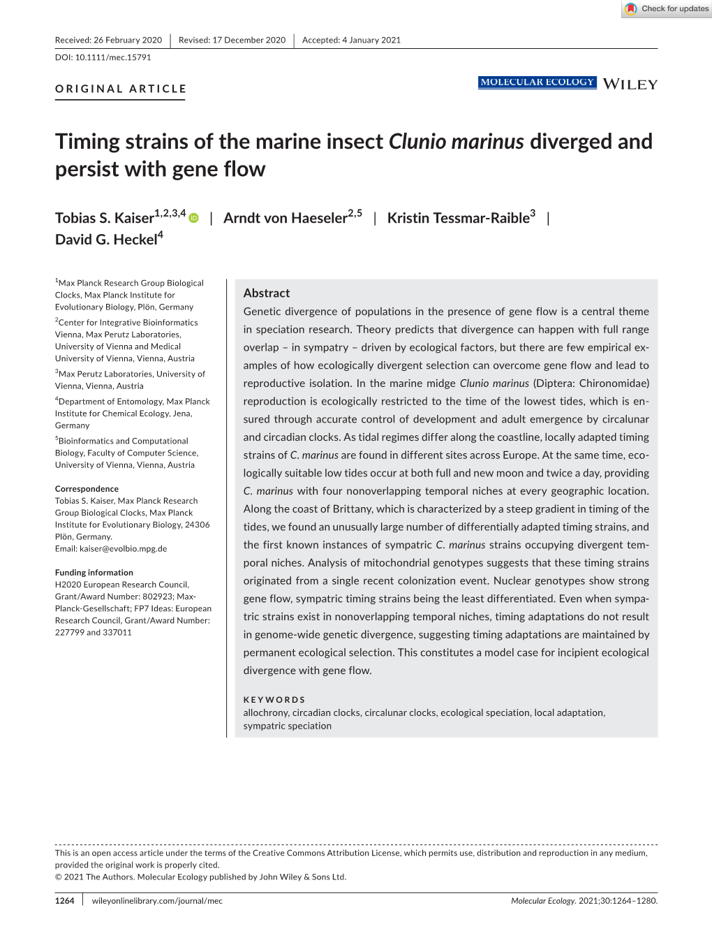 Timing Strains of the Marine Insect Clunio Marinus Diverged and Persist with Gene Flow