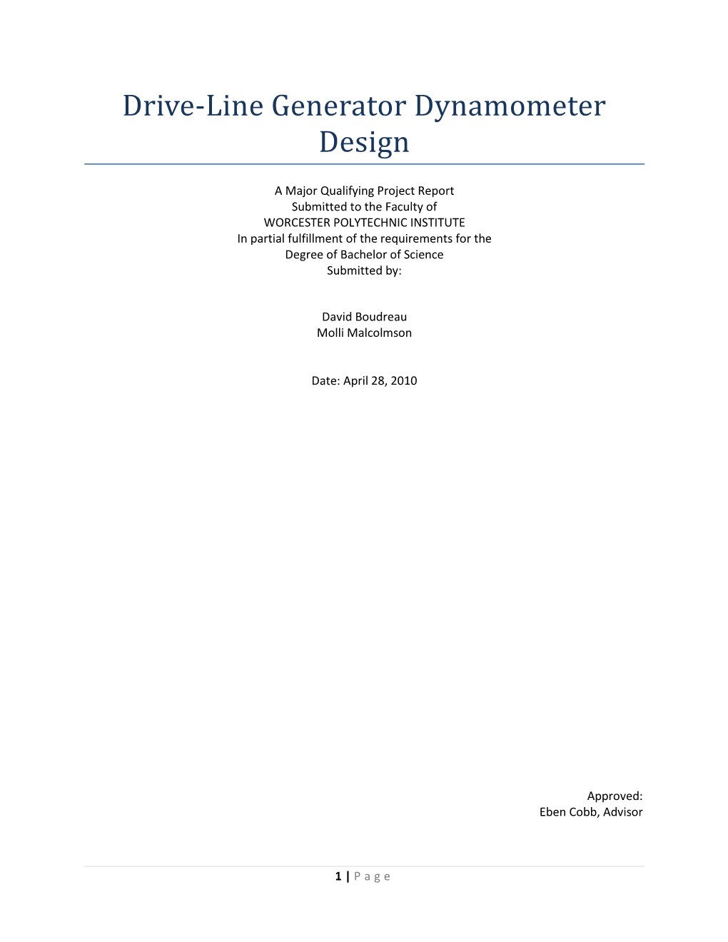 Drive-Line Generator Dynamometer Design