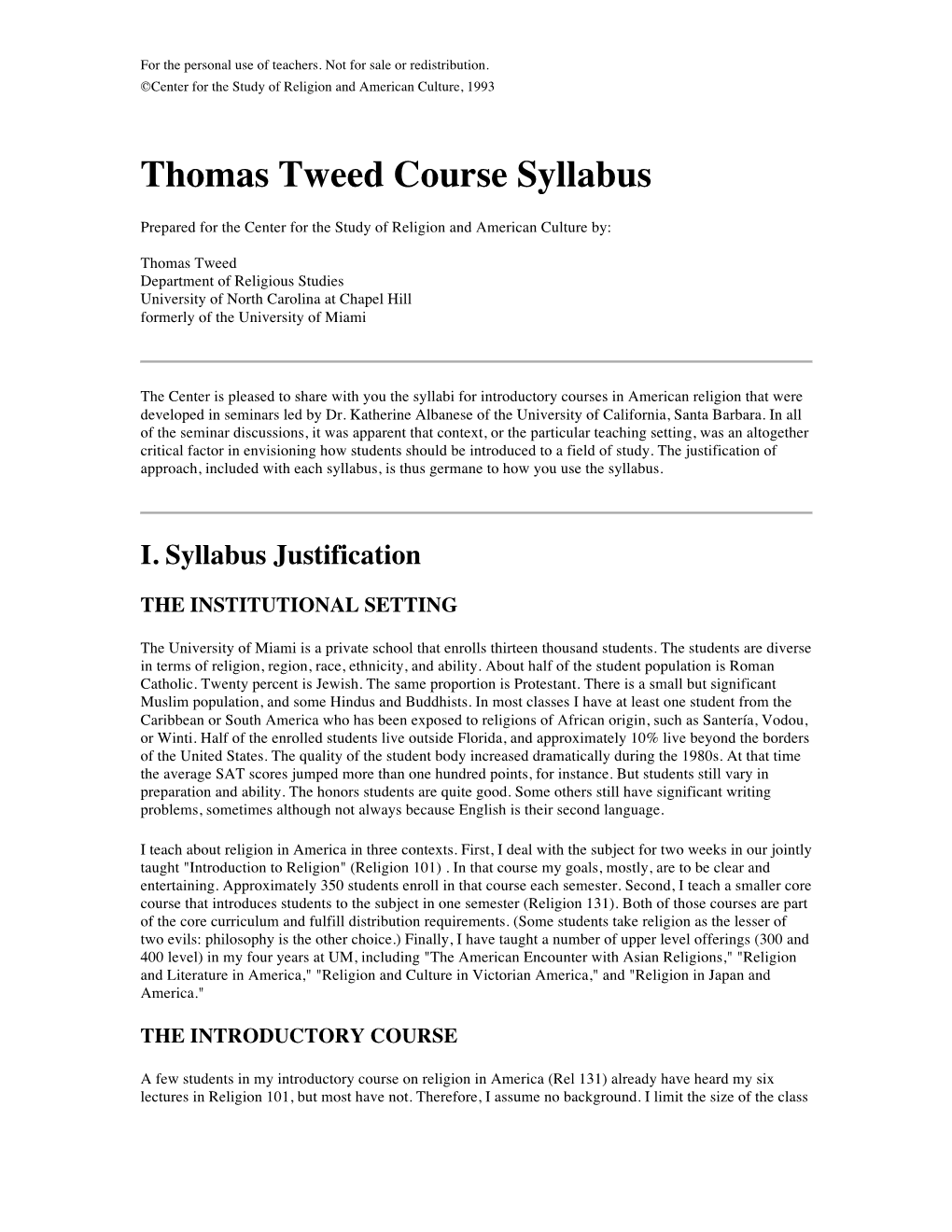 Thomas Tweed Course Syllabus
