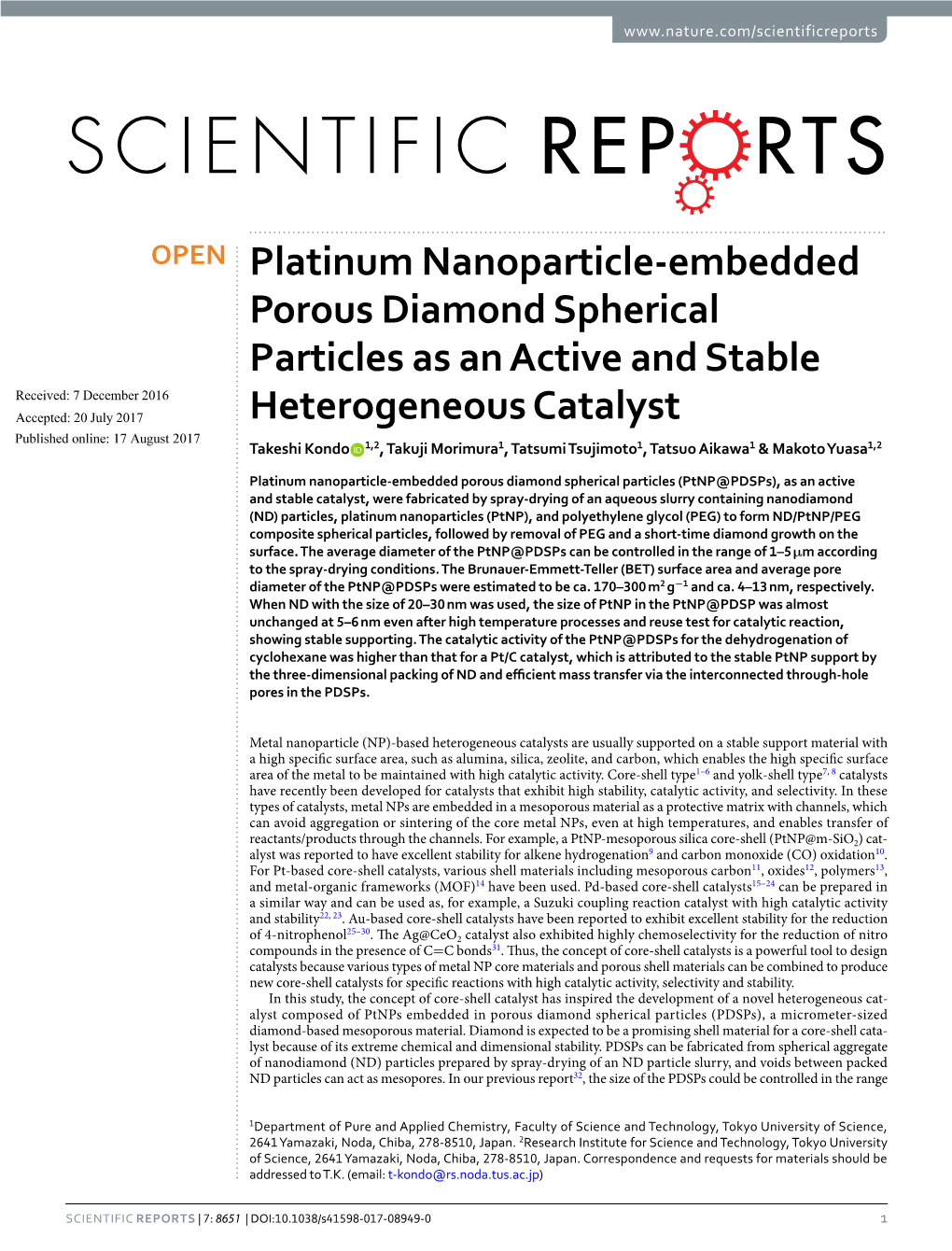 Platinum Nanoparticle-Embedded Porous Diamond Spherical