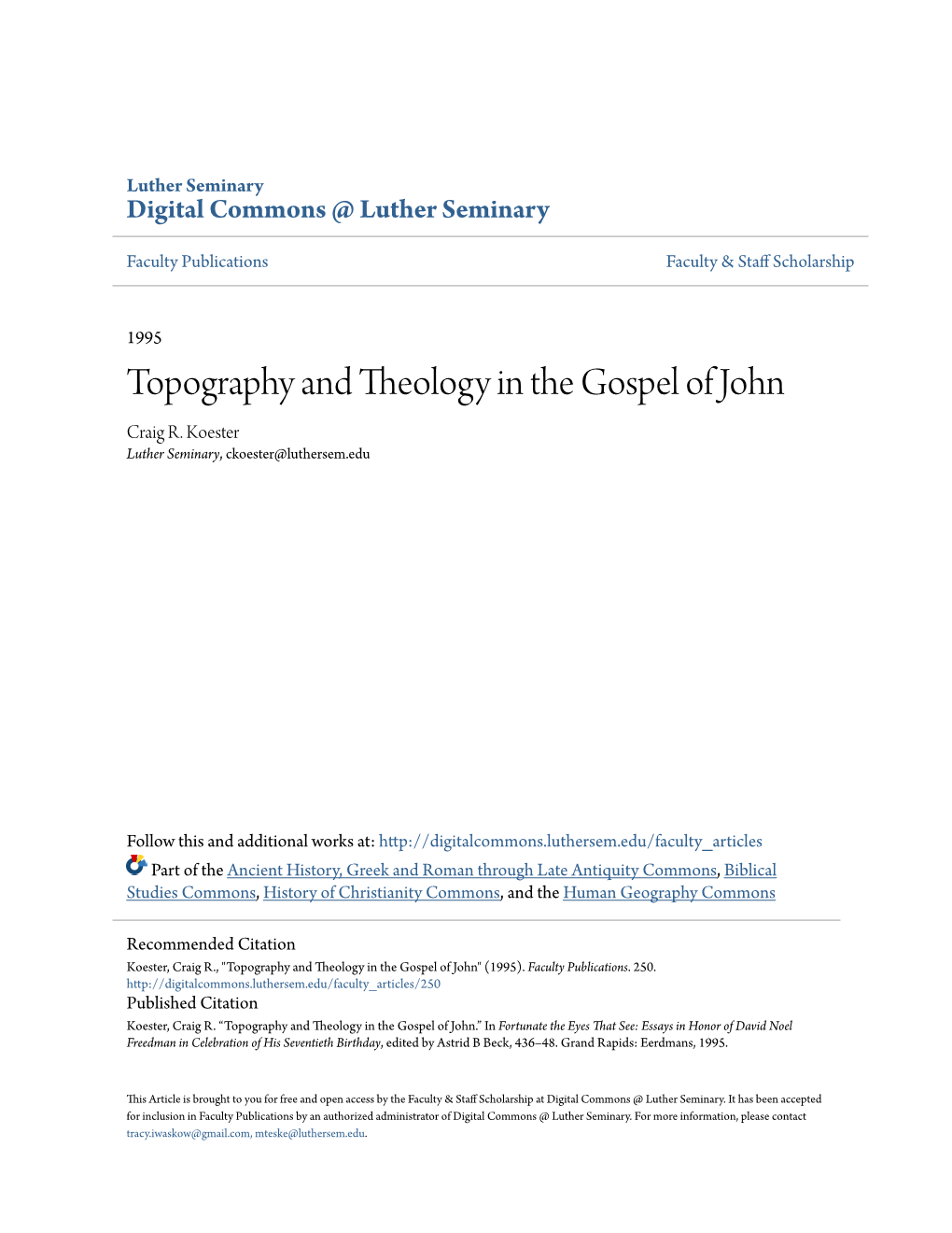 Topography and Theology in the Gospel of John Craig R