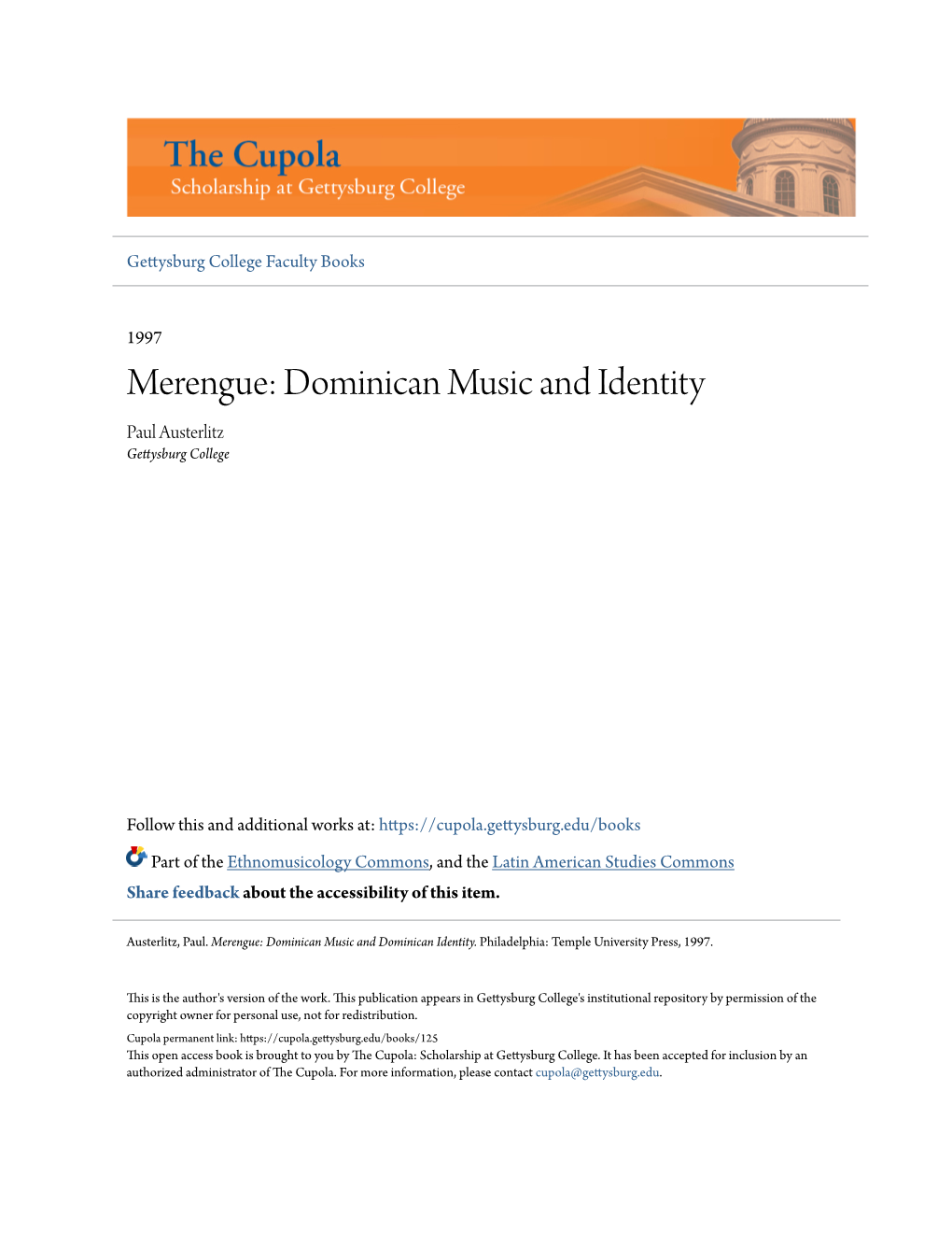 Merengue: Dominican Music and Identity Paul Austerlitz Gettysburg College