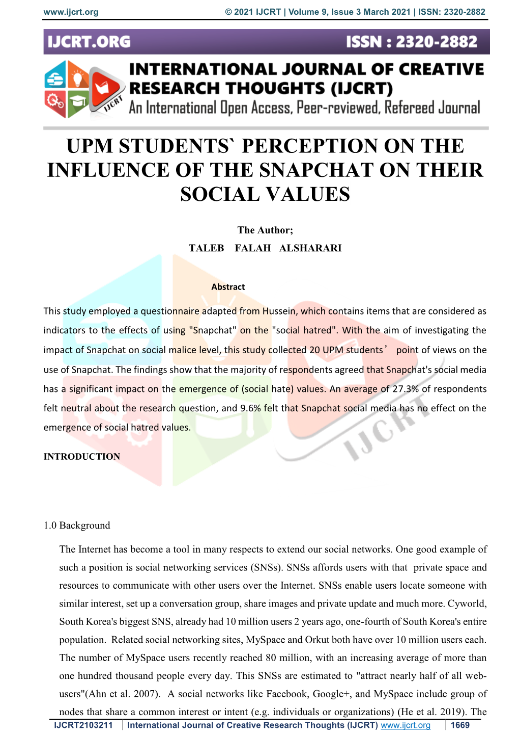 Upm Students` Perception on the Influence of the Snapchat on Their Social Values