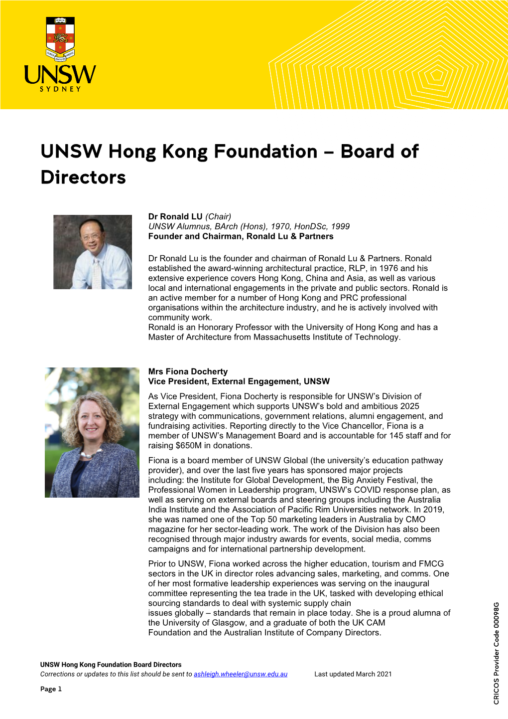UNSW Hong Kong Foundation – Board of Directors