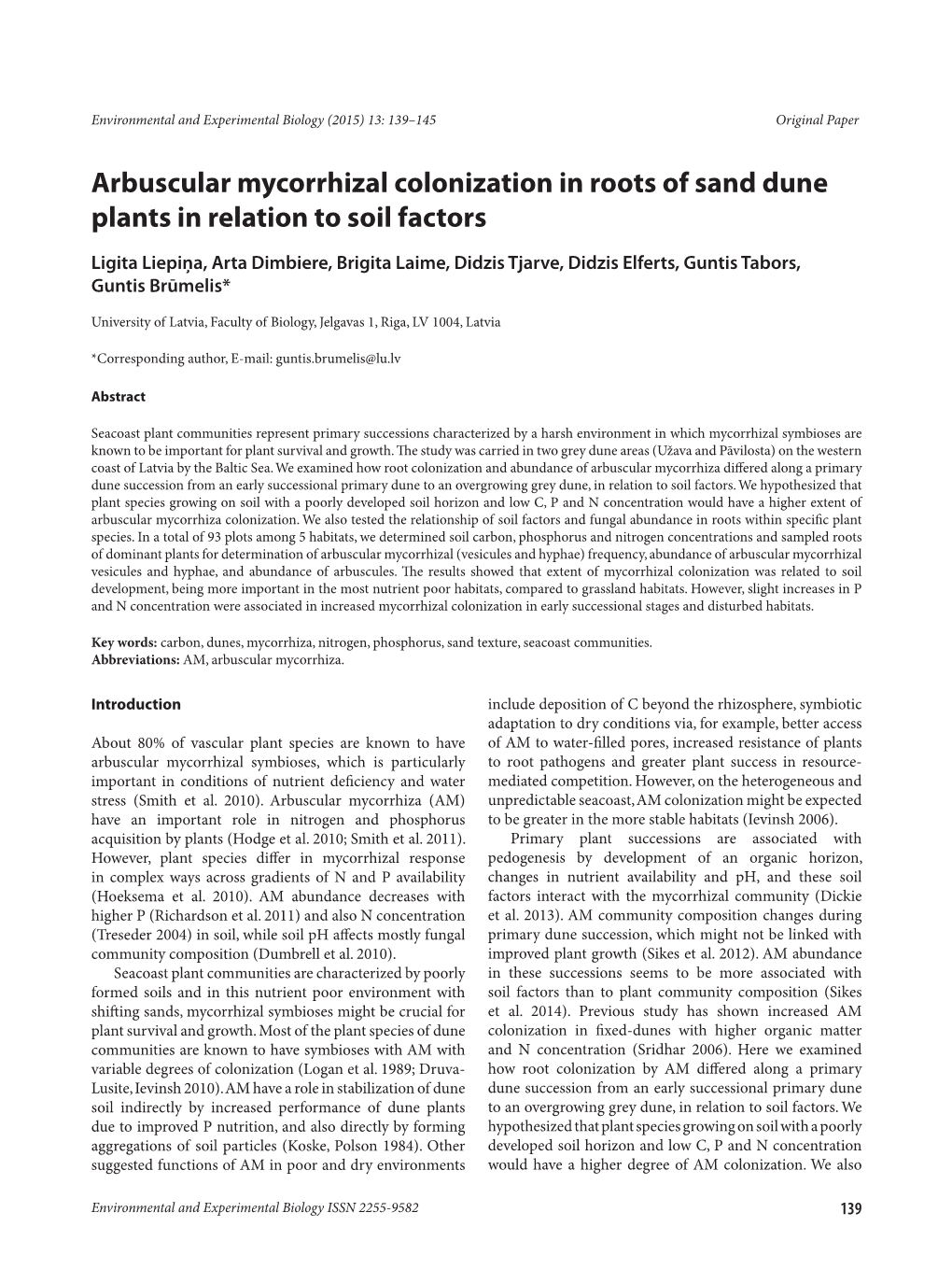 Arbuscular Mycorrhizal Colonization in Roots of Sand Dune Plants in Relation to Soil Factors