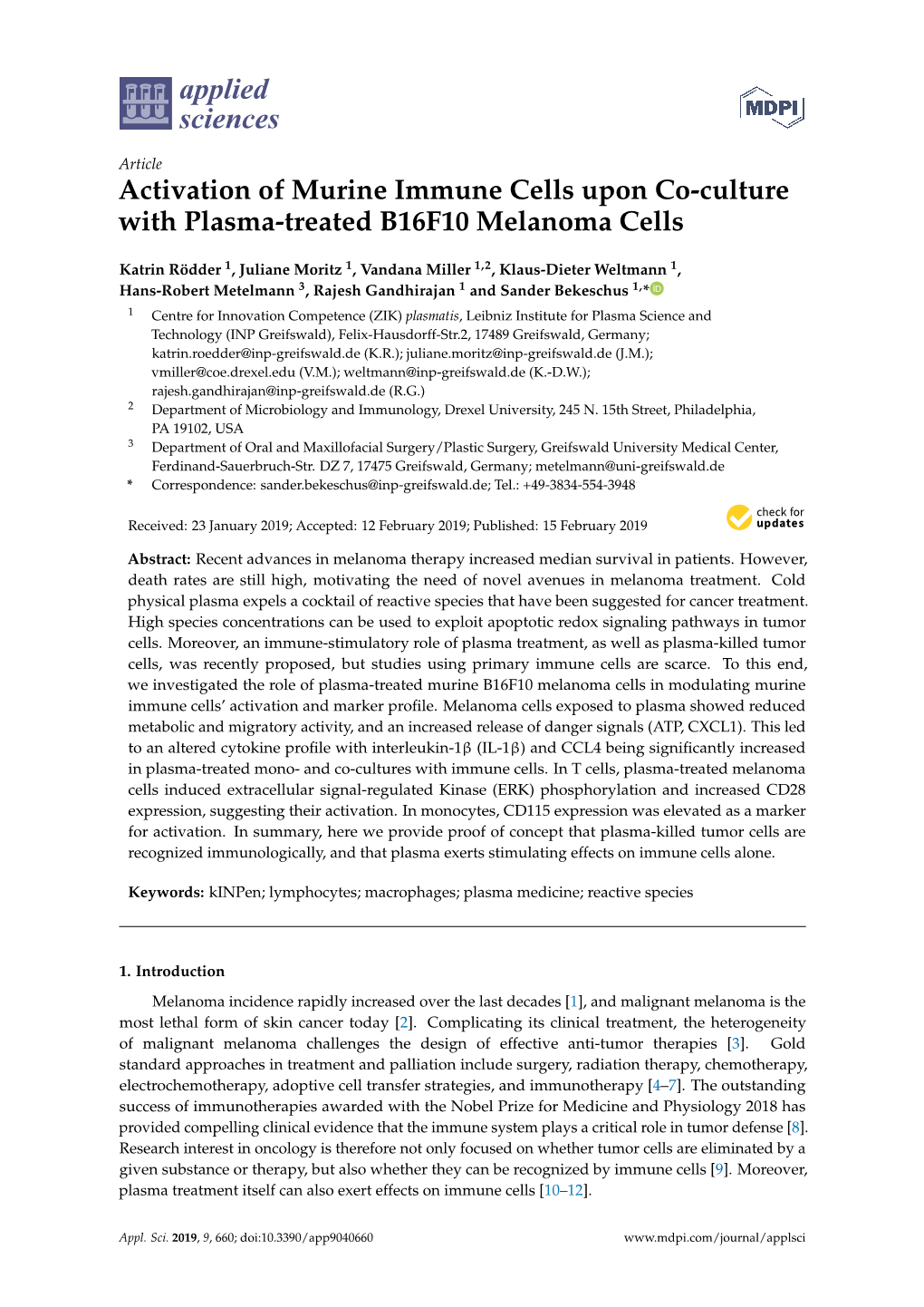Activation of Murine Immune Cells Upon Co-Culture with Plasma-Treated B16F10 Melanoma Cells