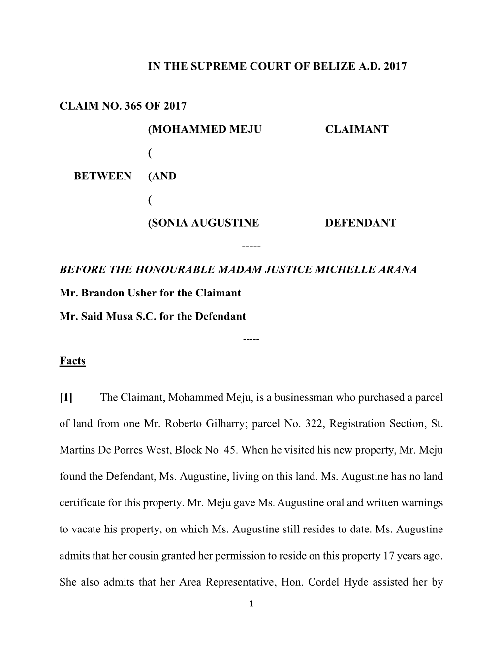 Supreme Court Claim No. 365 of 2017 – Mohammed Meju V Sonia Augustine