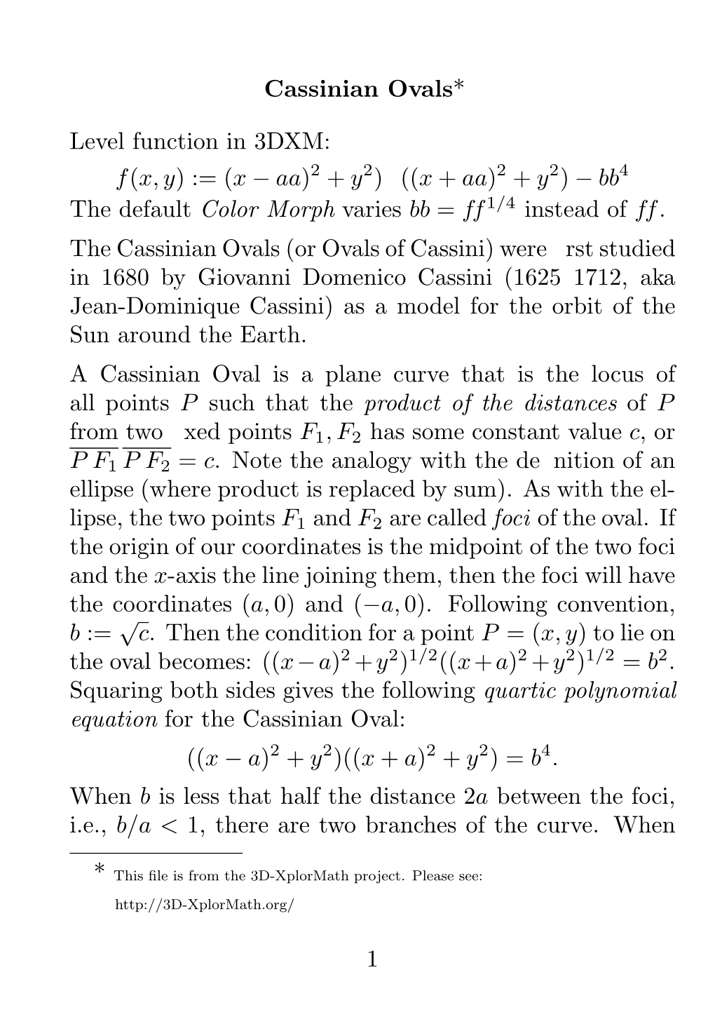 Cassinian Ovals* Level Function in 3DXM