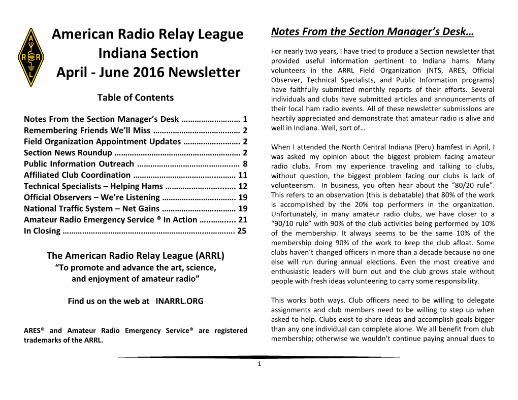 American Radio Relay League Indiana Section April
