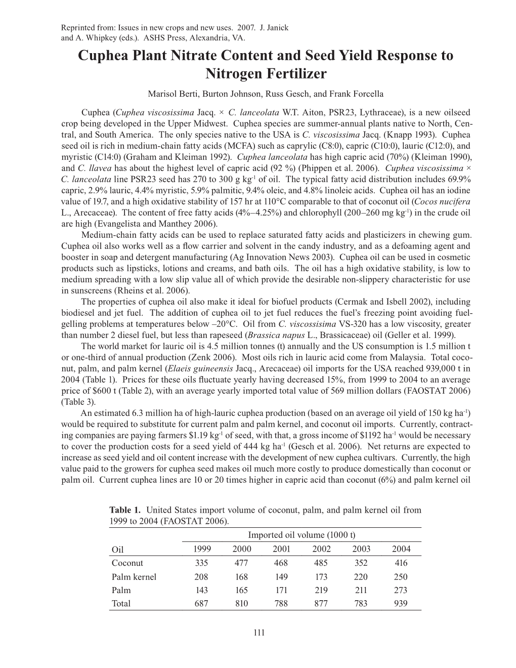 Cuphea Plant Nitrate Content and Seed Yield Response to Nitrogen