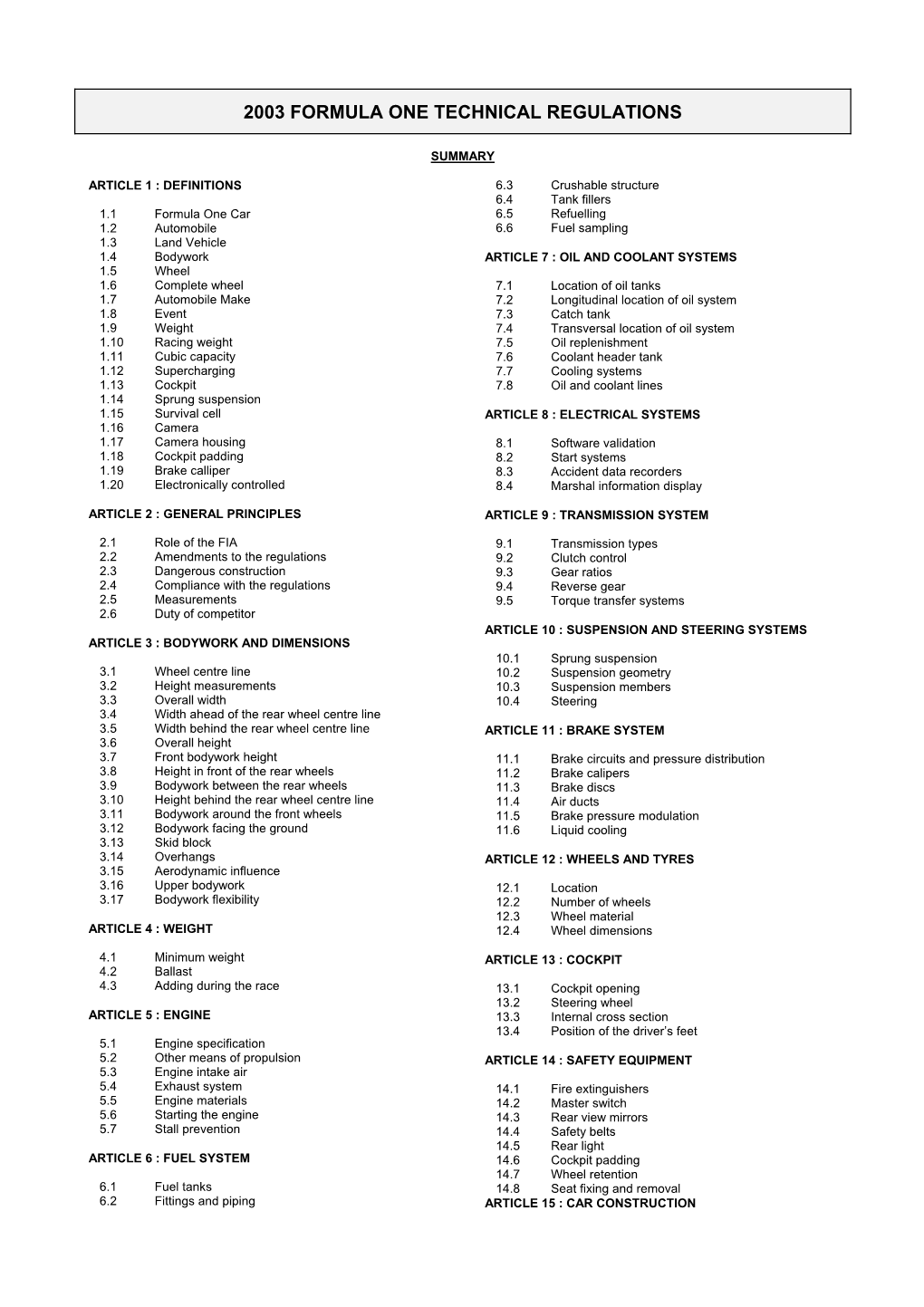 2003 Formula One Technical Regulations