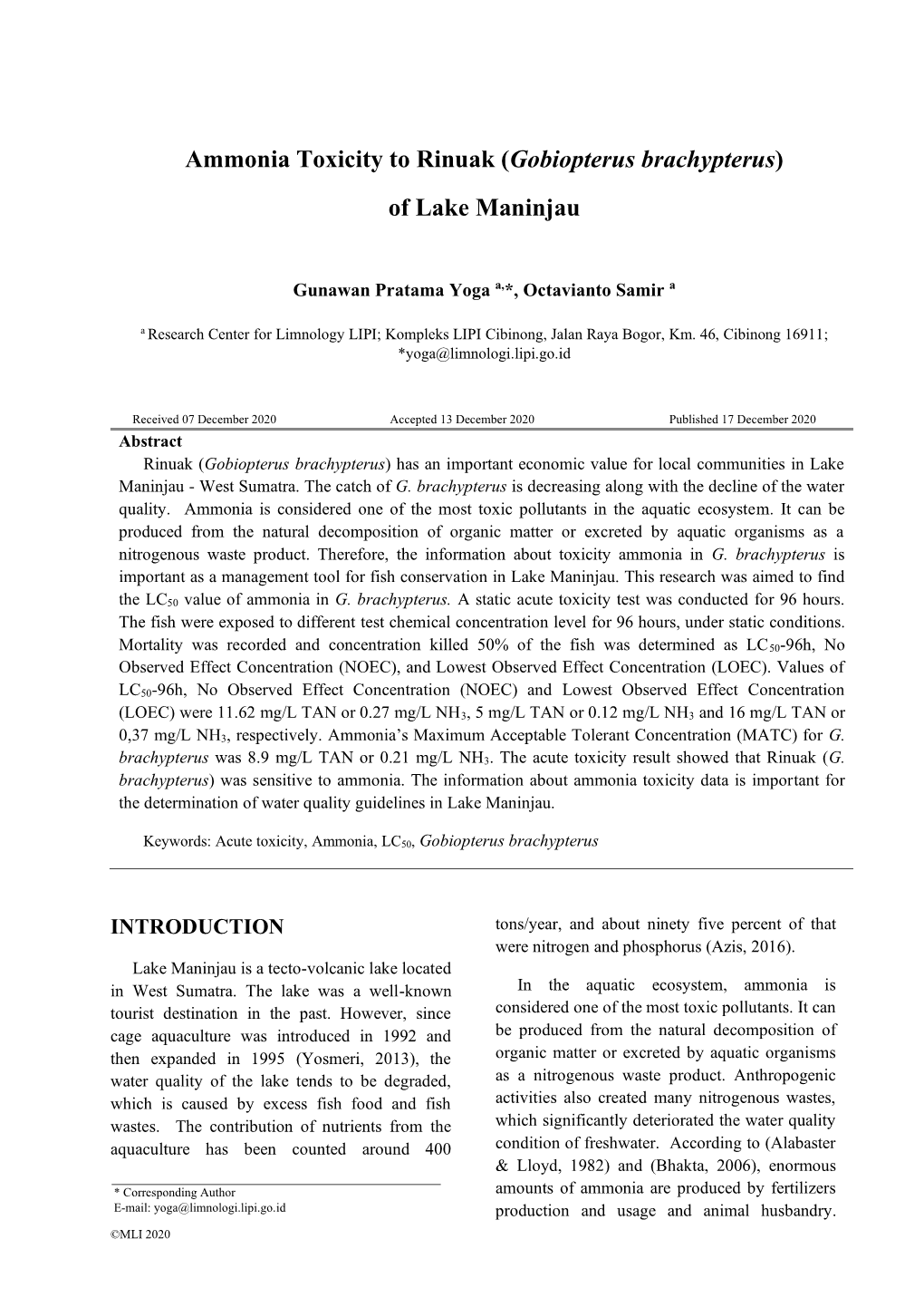 Ammonia Toxicity to Rinuak (Gobiopterus Brachypterus) of Lake Maninjau