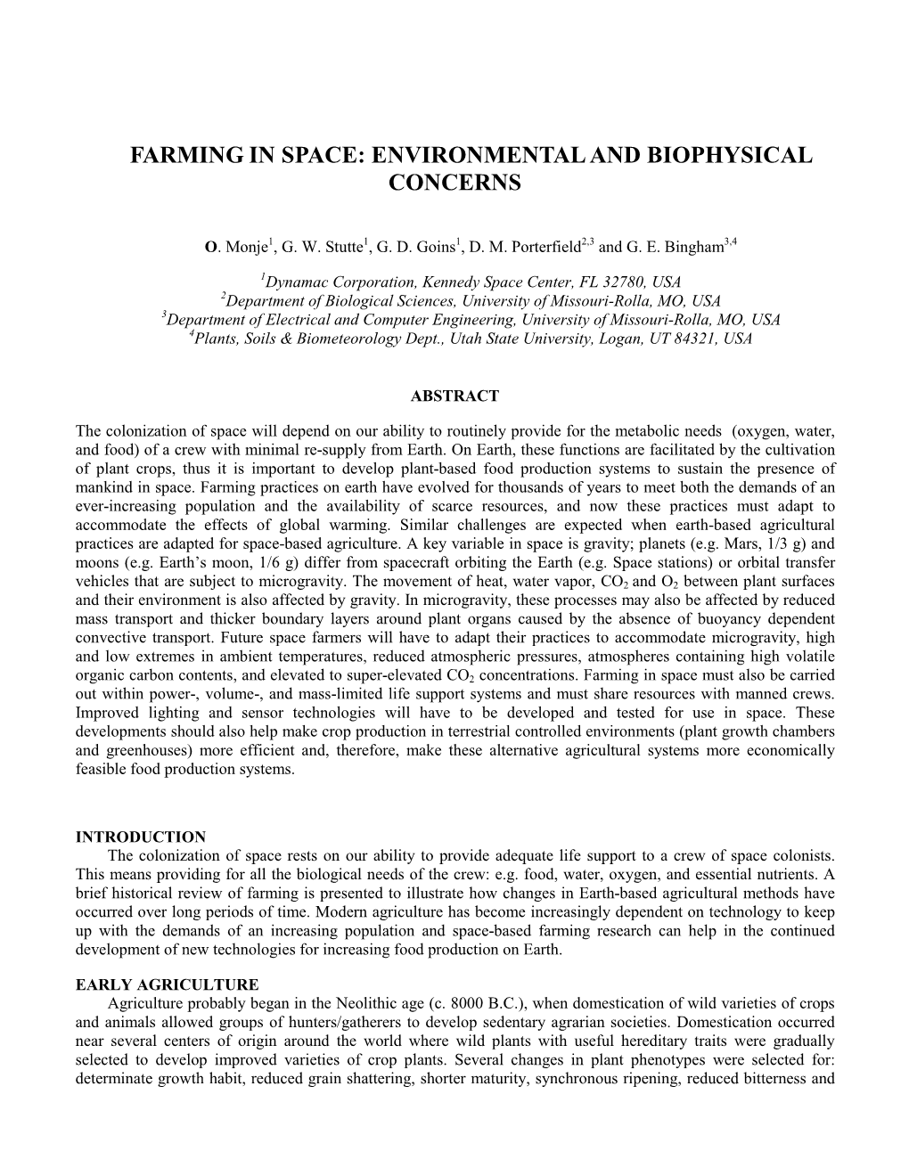 Farming in Space: Environmental and Biophysical Concerns