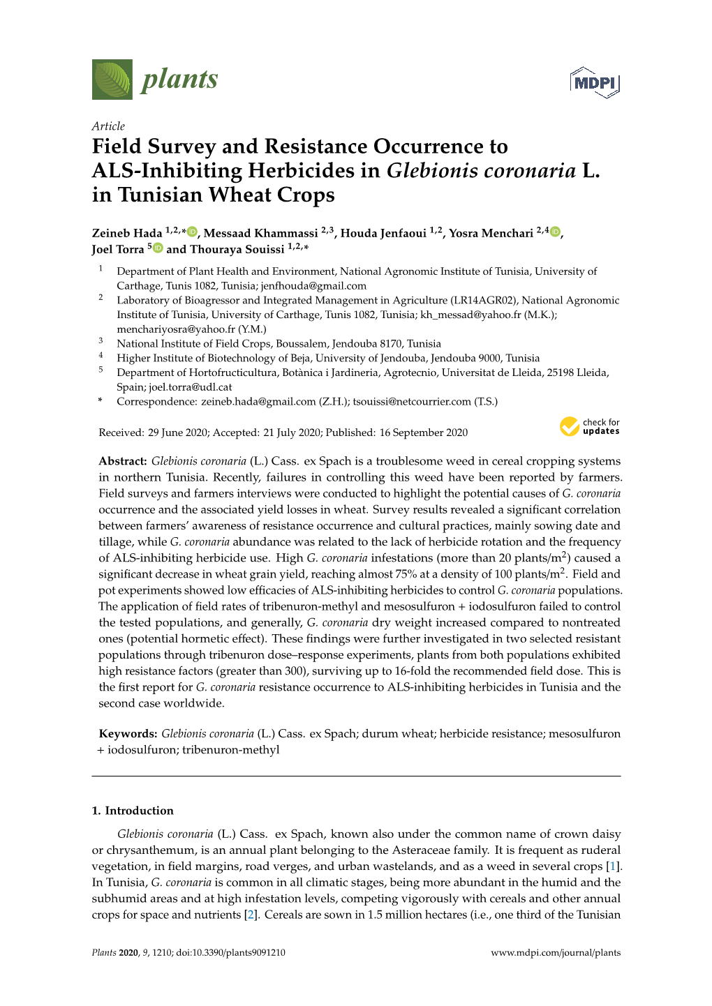 Field Survey and Resistance Occurrence to ALS-Inhibiting Herbicides in Glebionis Coronaria L