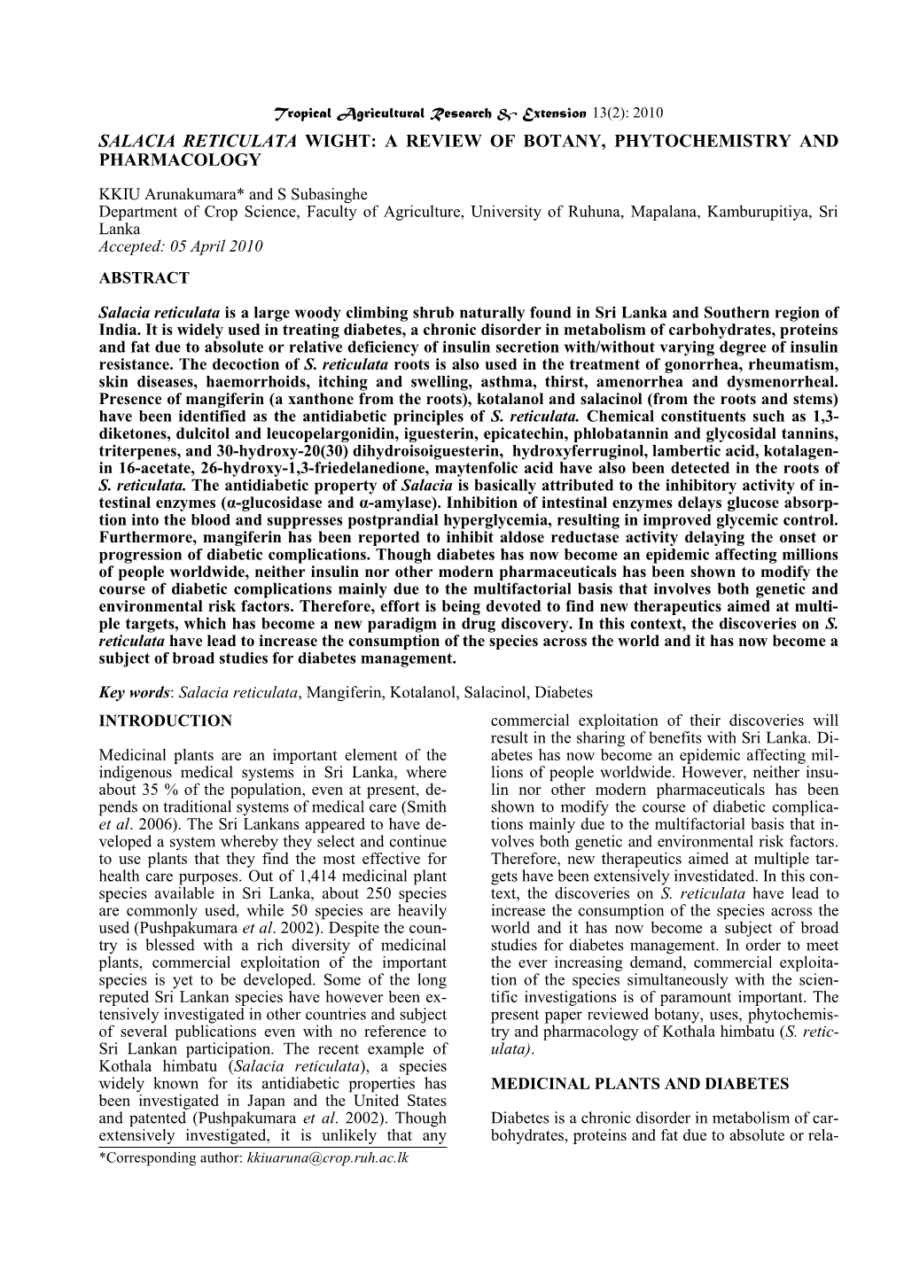 Salacia Reticulata Wight: a Review of Botany, Phytochemistry and Pharmacology