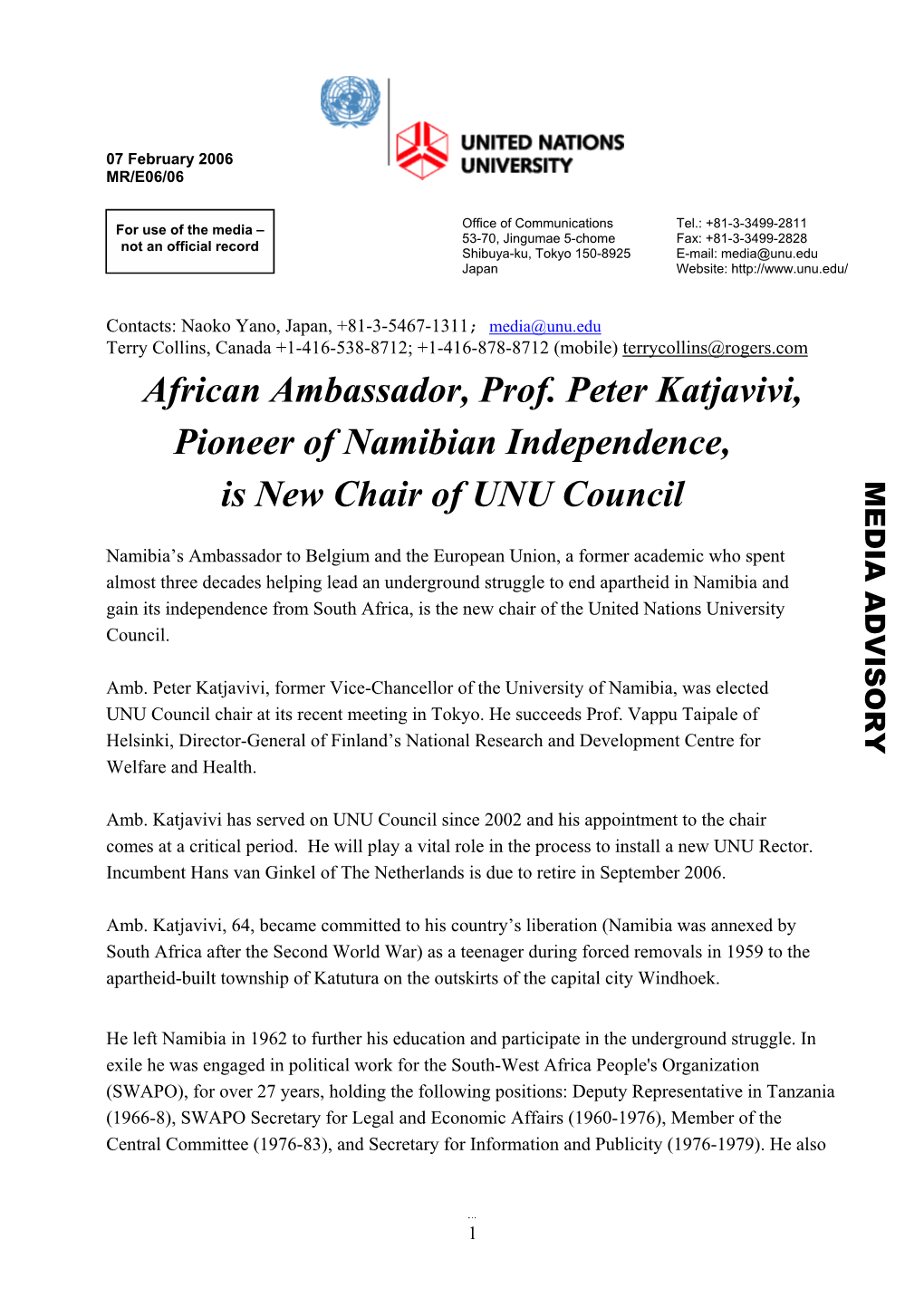 African Ambassador, Prof. Peter Katjavivi, Pioneer of Namibian Independence, Is New Chair of UNU Council MEDIA ADVISORY