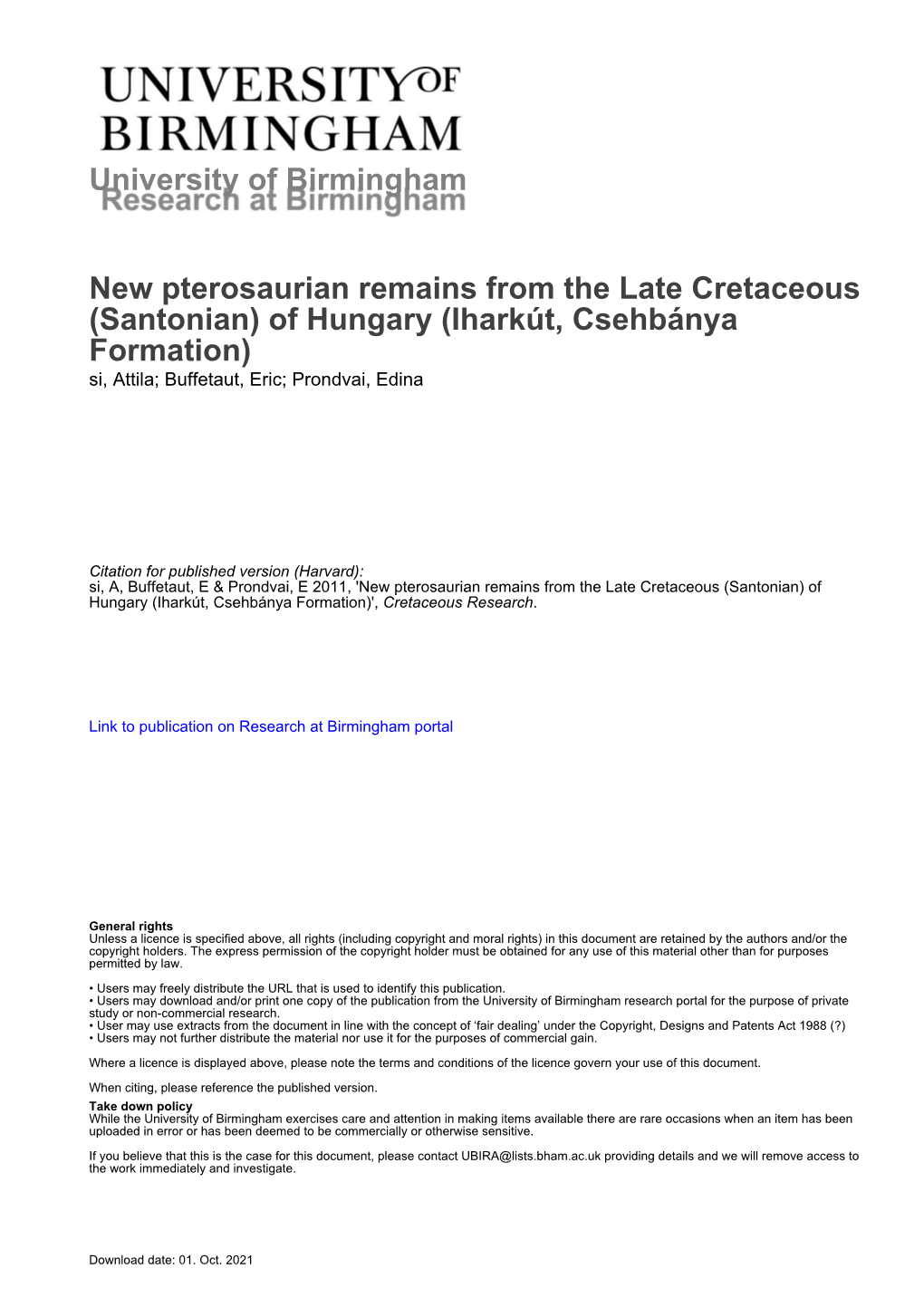 University of Birmingham New Pterosaurian Remains from the Late Cretaceous