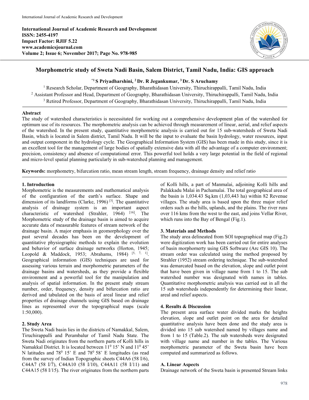 Morphometric Study of Sweta Nadi Basin, Salem District, Tamil Nadu, India: GIS Approach