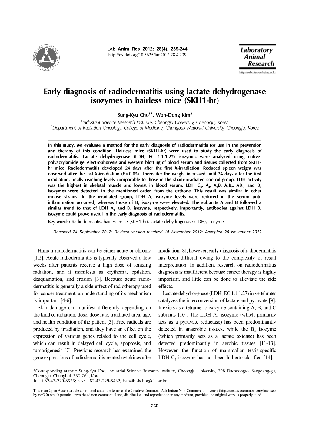 Early Diagnosis of Radiodermatitis Using Lactate Dehydrogenase Isozymes in Hairless Mice (SKH1-Hr)
