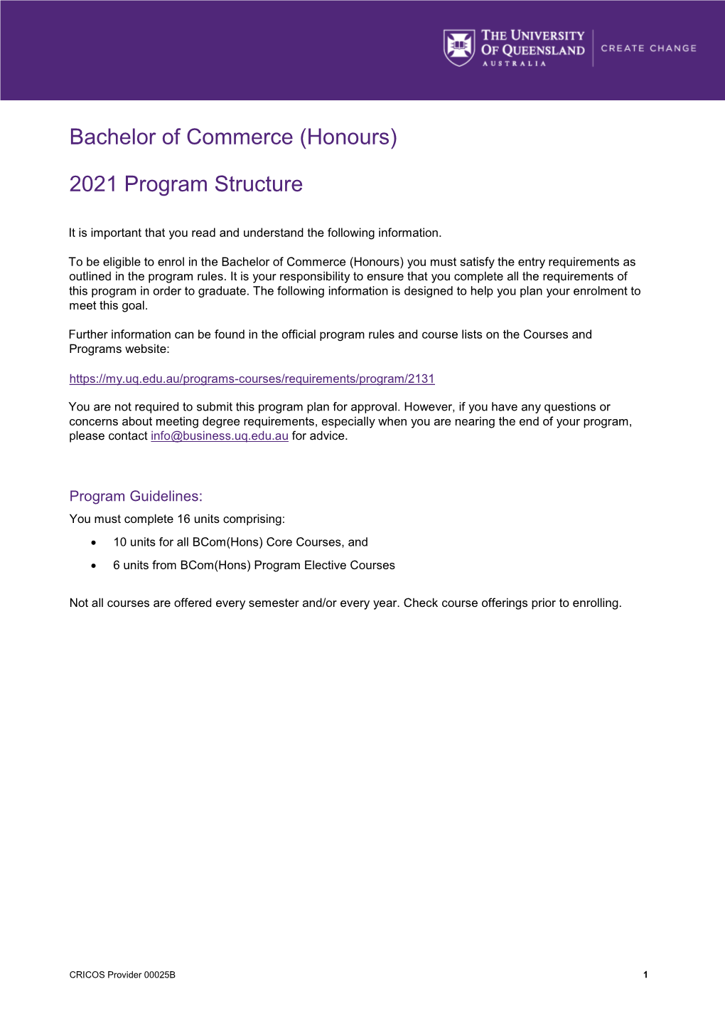 Bachelor of Commerce (Honours) 2021 Program Structure