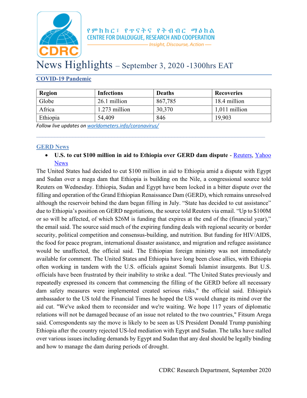 News Highlights – September 3, 2020 -1300Hrs EAT COVID-19 Pandemic