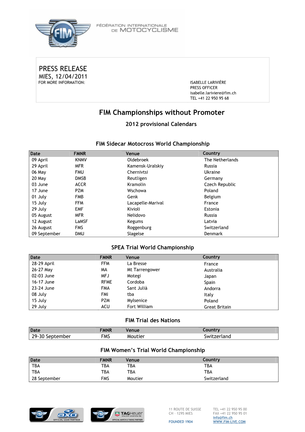 PRESS RELEASE FIM Championships Without Promoter