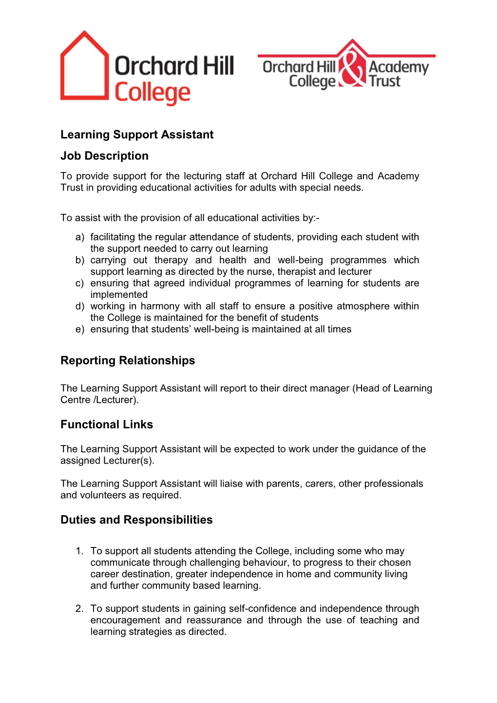 Learning Support Assistant Job Description Reporting