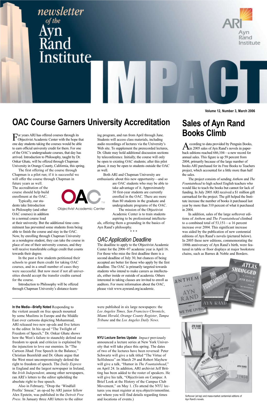 OAC Course Garners University Accreditation Sales of Ayn Rand Books Climb