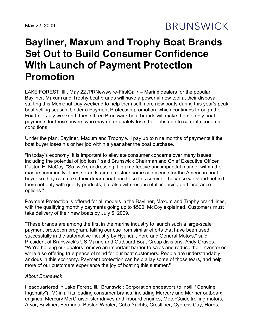 Bayliner, Maxum and Trophy Boat Brands Set out to Build Consumer Confidence with Launch of Payment Protection Promotion