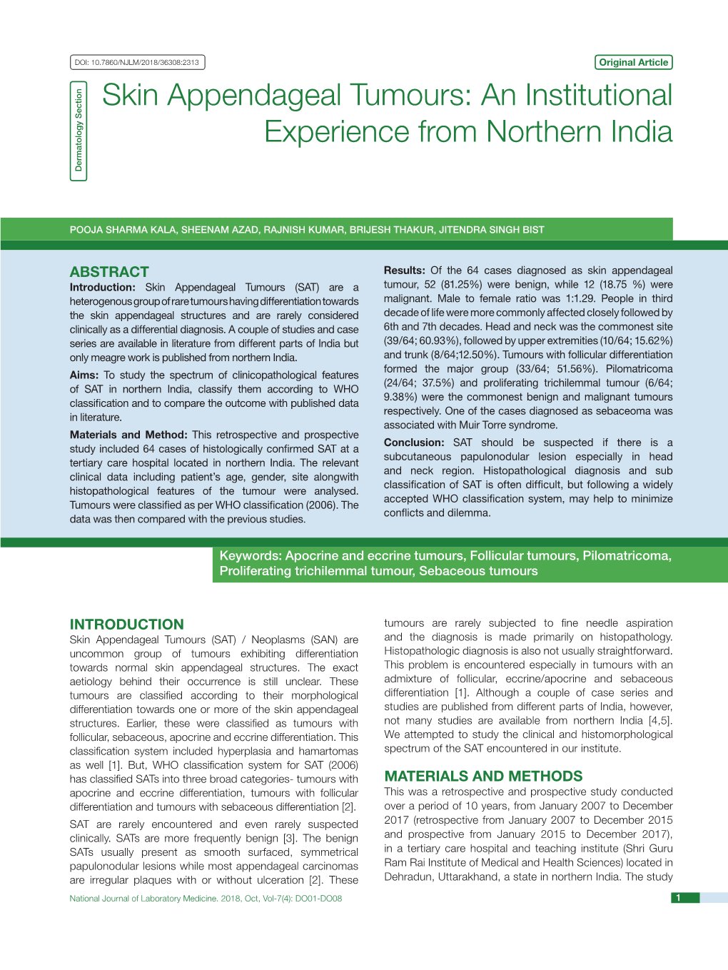 Skin Appendageal Tumours: an Institutional Experience from Northern India Dermatology Section