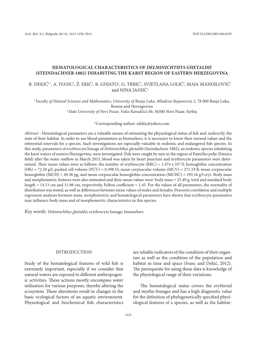 Hematological Characteristics of Delminichthys Ghetaldii (Steindachner 1882) Inhabiting the Karst Region of Eastern Herzegovina