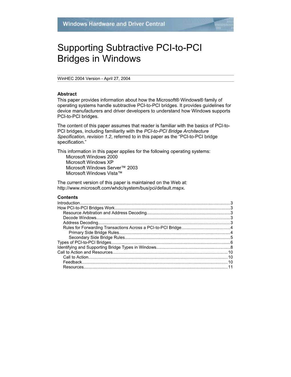 Supporting Subtractive PCI-To-PCI Bridges in Windows