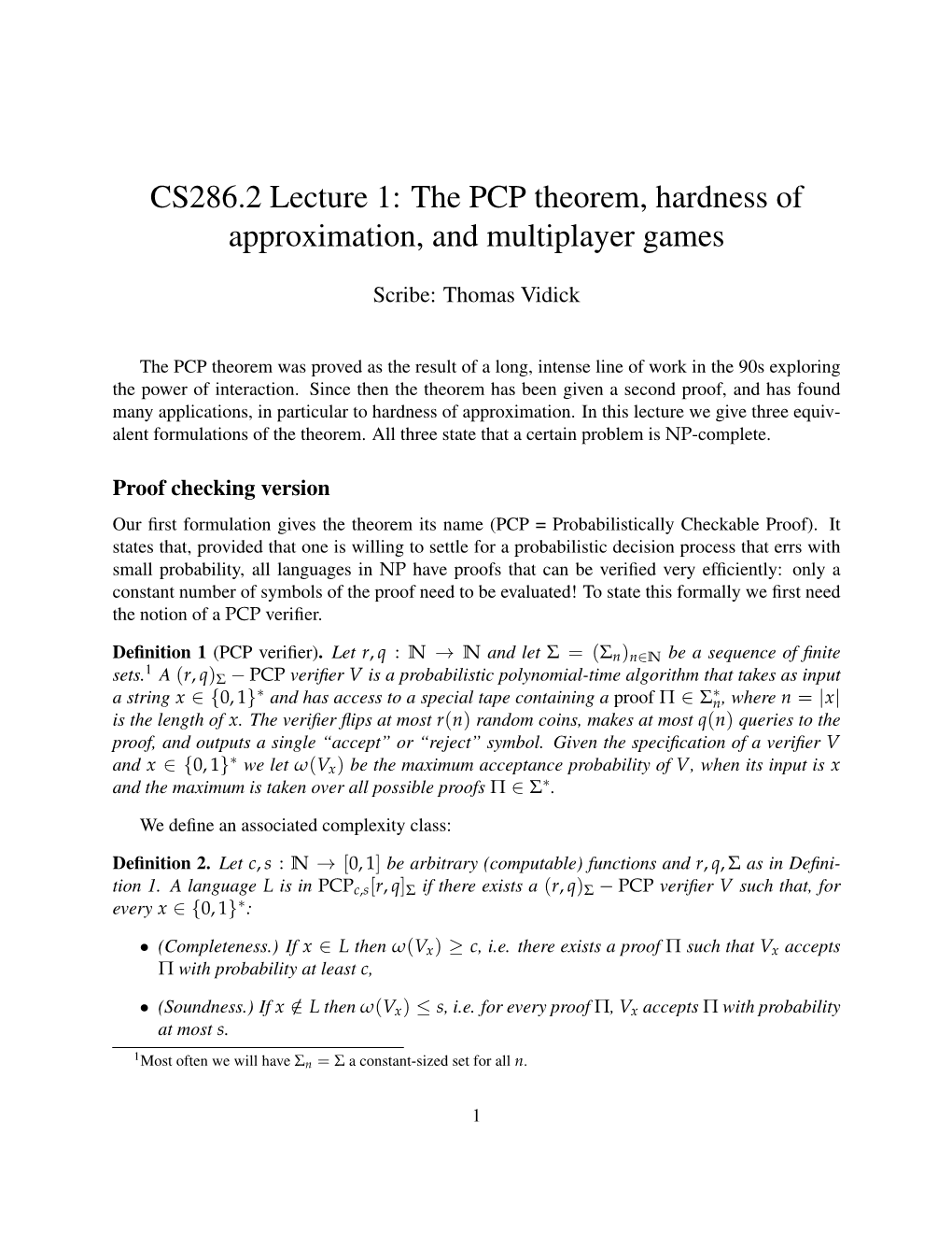 CS286.2 Lecture 1: the PCP Theorem, Hardness of Approximation, and Multiplayer Games