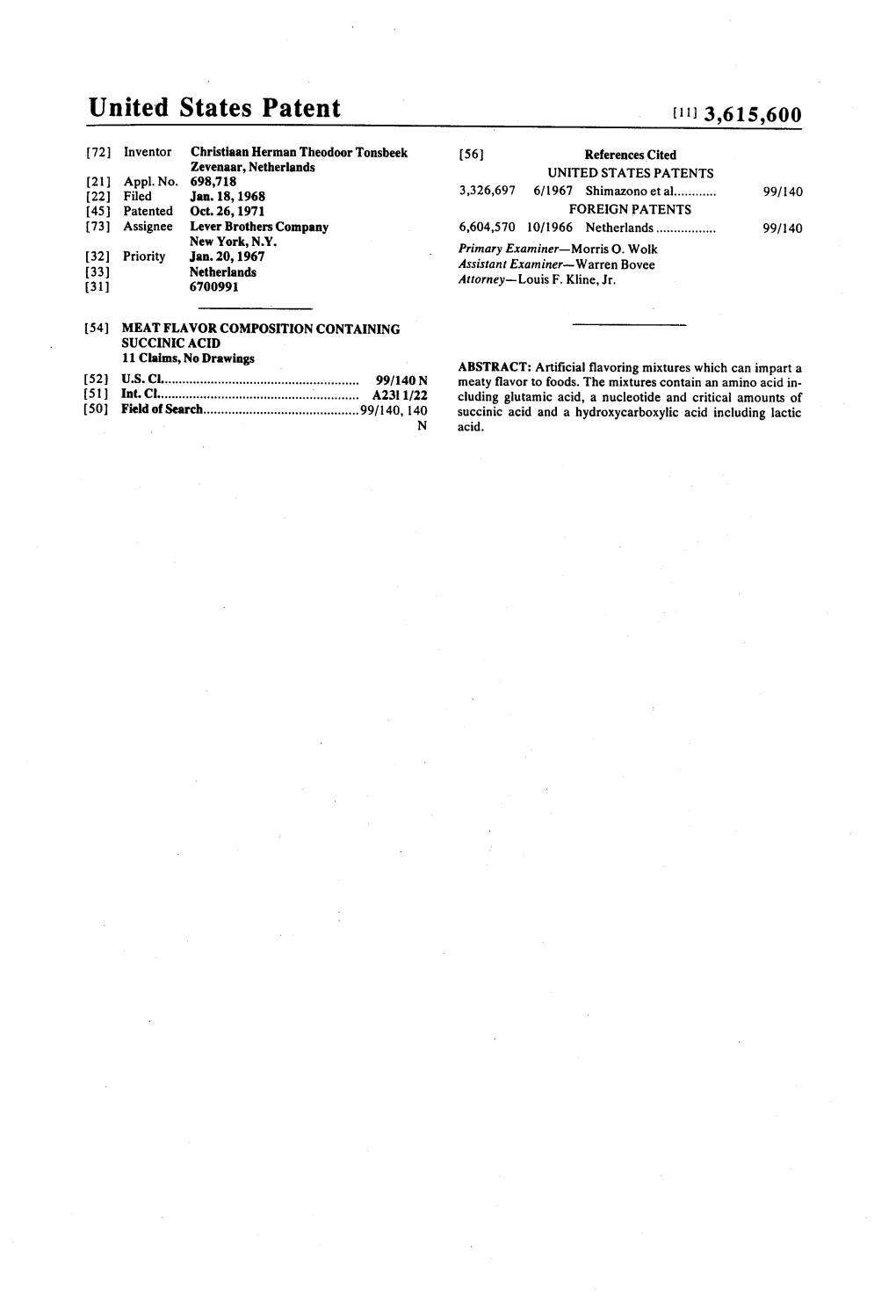 United States Patent [11] 3,615,600 72 Inventor Christiaan Herman Theodoor Tonsbeek (56 References Cited Zevenaar, Netherlands UNITED STATES PATENTS (21) Appl