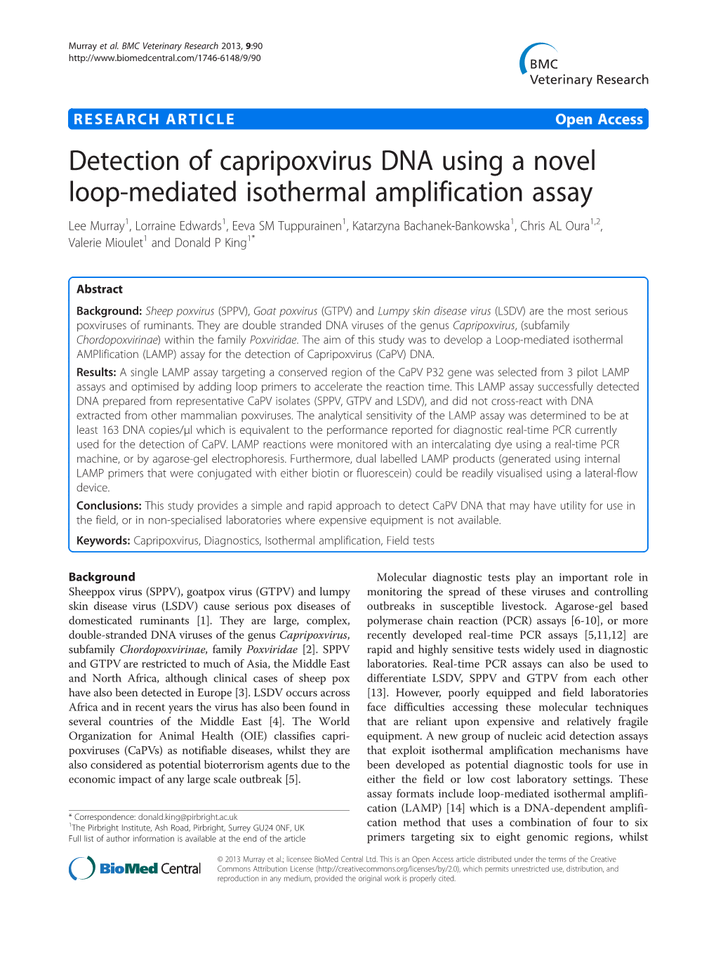 Detection of Capripoxvirus DNA Using a Novel Loop-Mediated Isothermal
