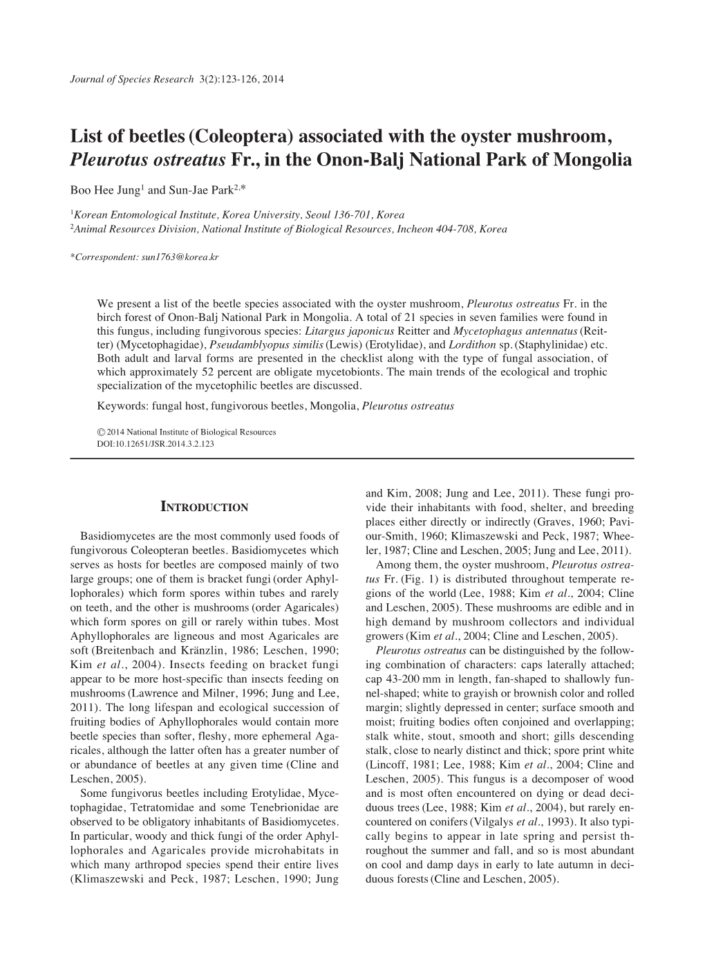 List of Beetles (Coleoptera) Associated with the Oyster Mushroom, Pleurotus Ostreatus Fr., in the Onon-Balj National Park of Mongolia