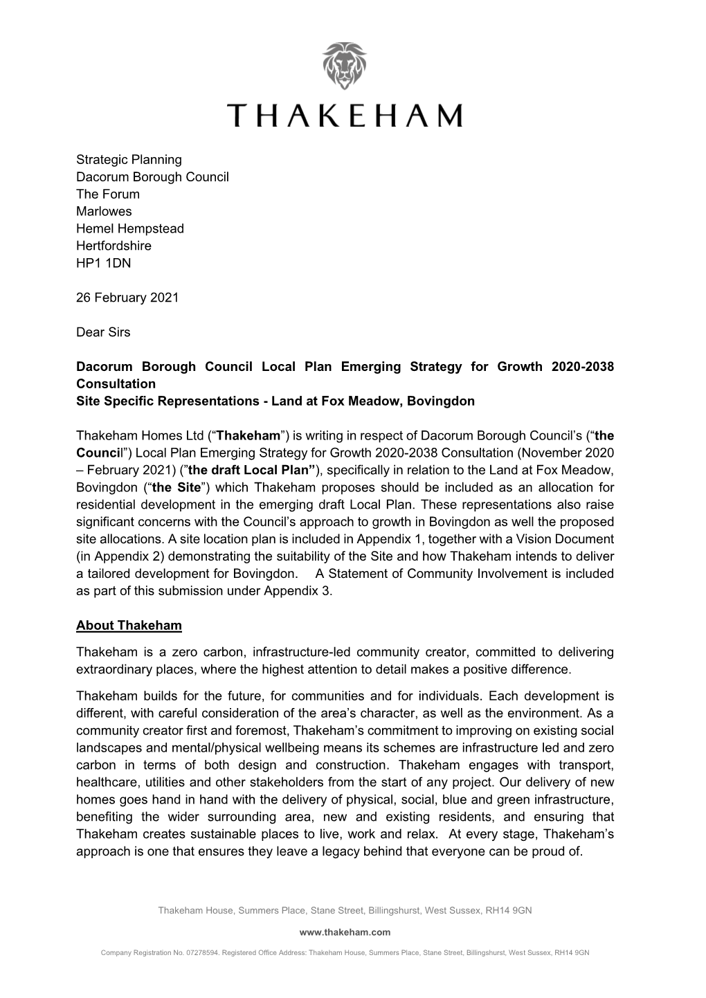 Strategic Planning Dacorum Borough Council the Forum Marlowes Hemel Hempstead Hertfordshire HP1 1DN