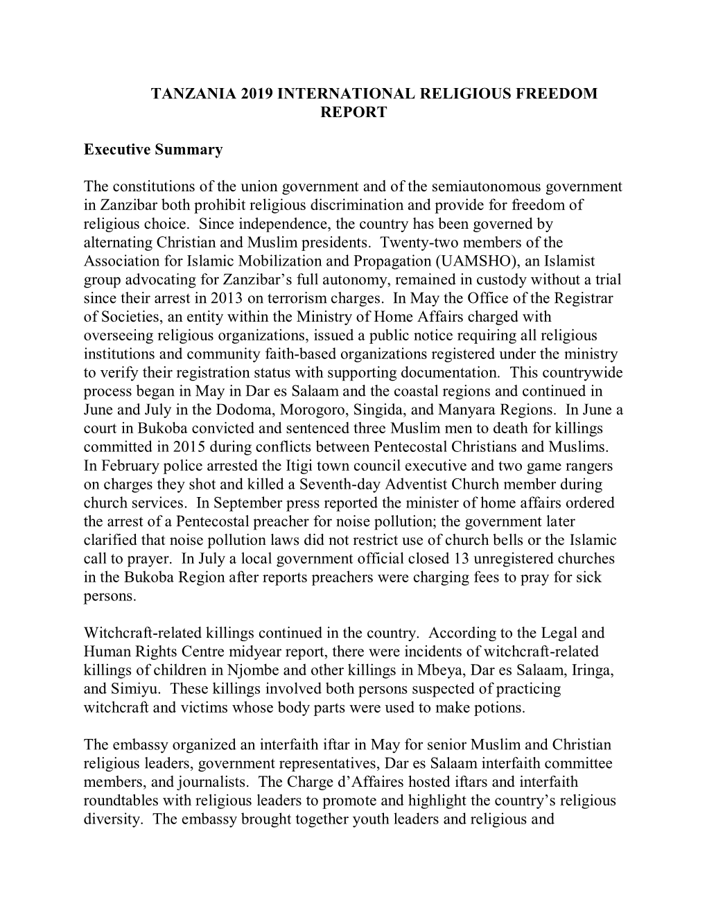 Tanzania 2019 International Religious Freedom Report