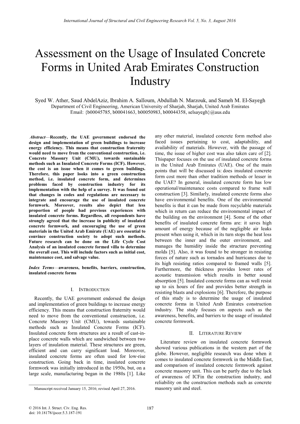 Assessment on the Usage of Insulated Concrete Forms in United Arab Emirates Construction Industry