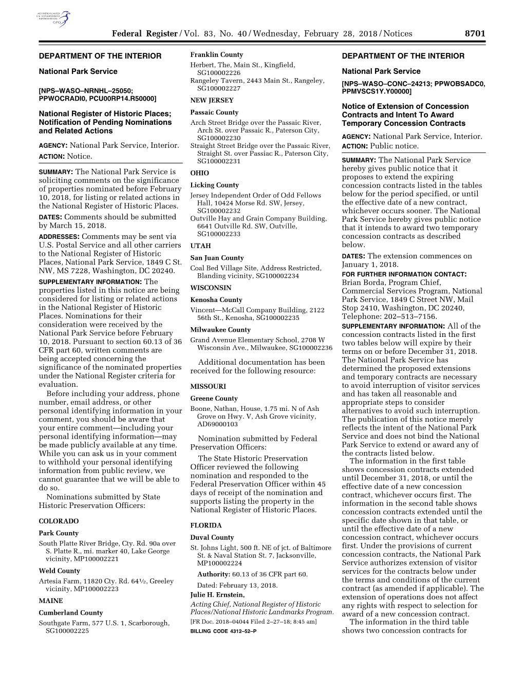 Federal Register/Vol. 83, No. 40/Wednesday, February 28, 2018