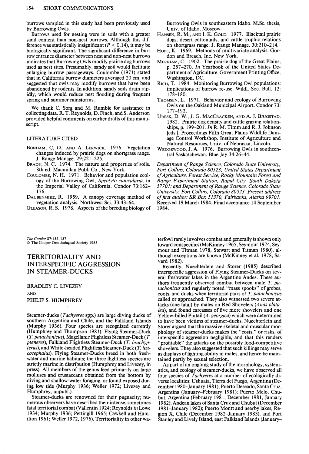 Territoriality and Interspecific Aggression in Steamer-Ducks